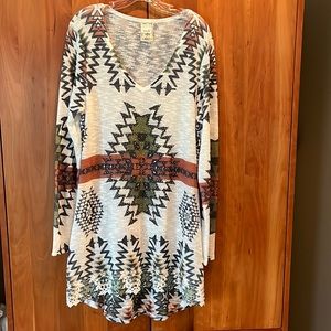 NWT - VOCAL - Aztec Lightweight Sweater Dress / Tunic - XL - Cream w Fall Colors